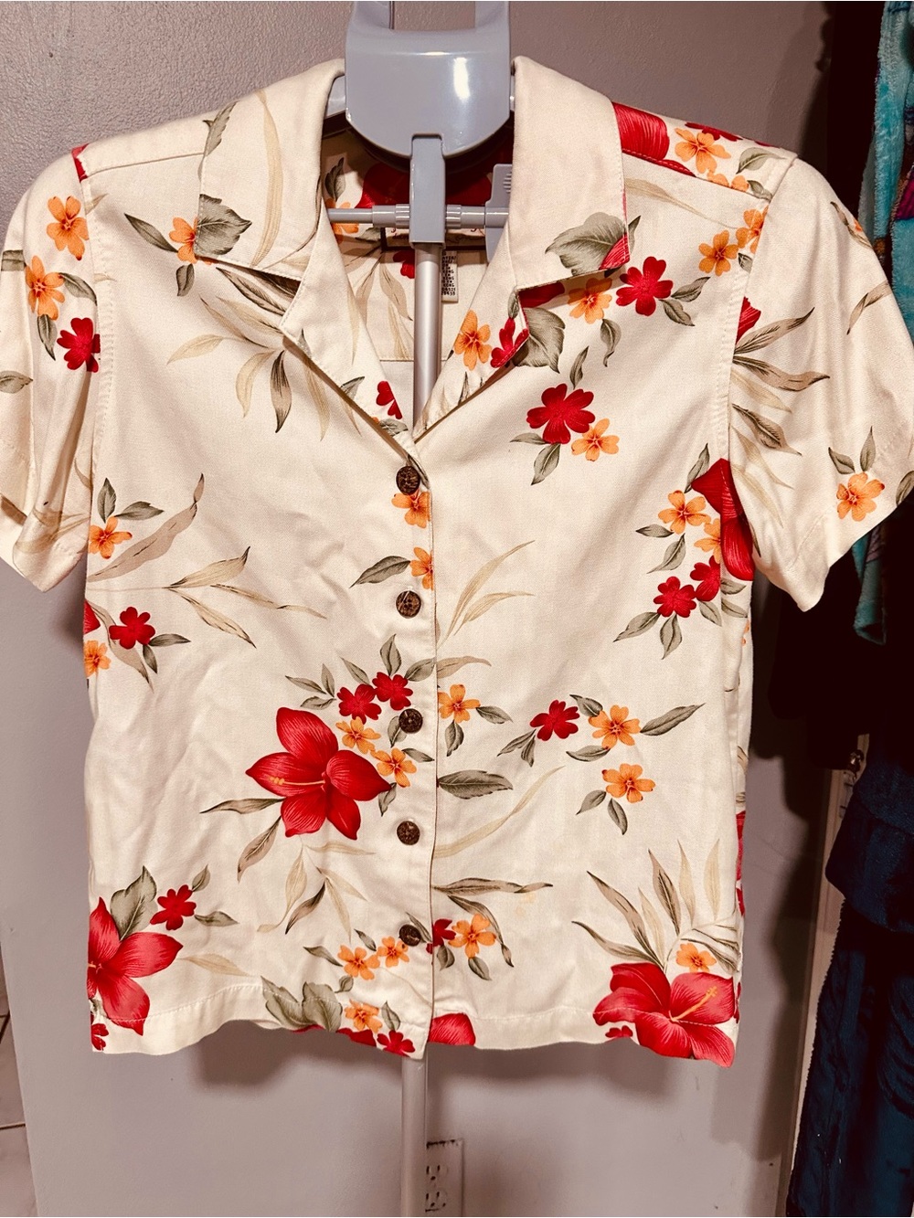 Tropical Button-Down Camp Shirt with Red Accents